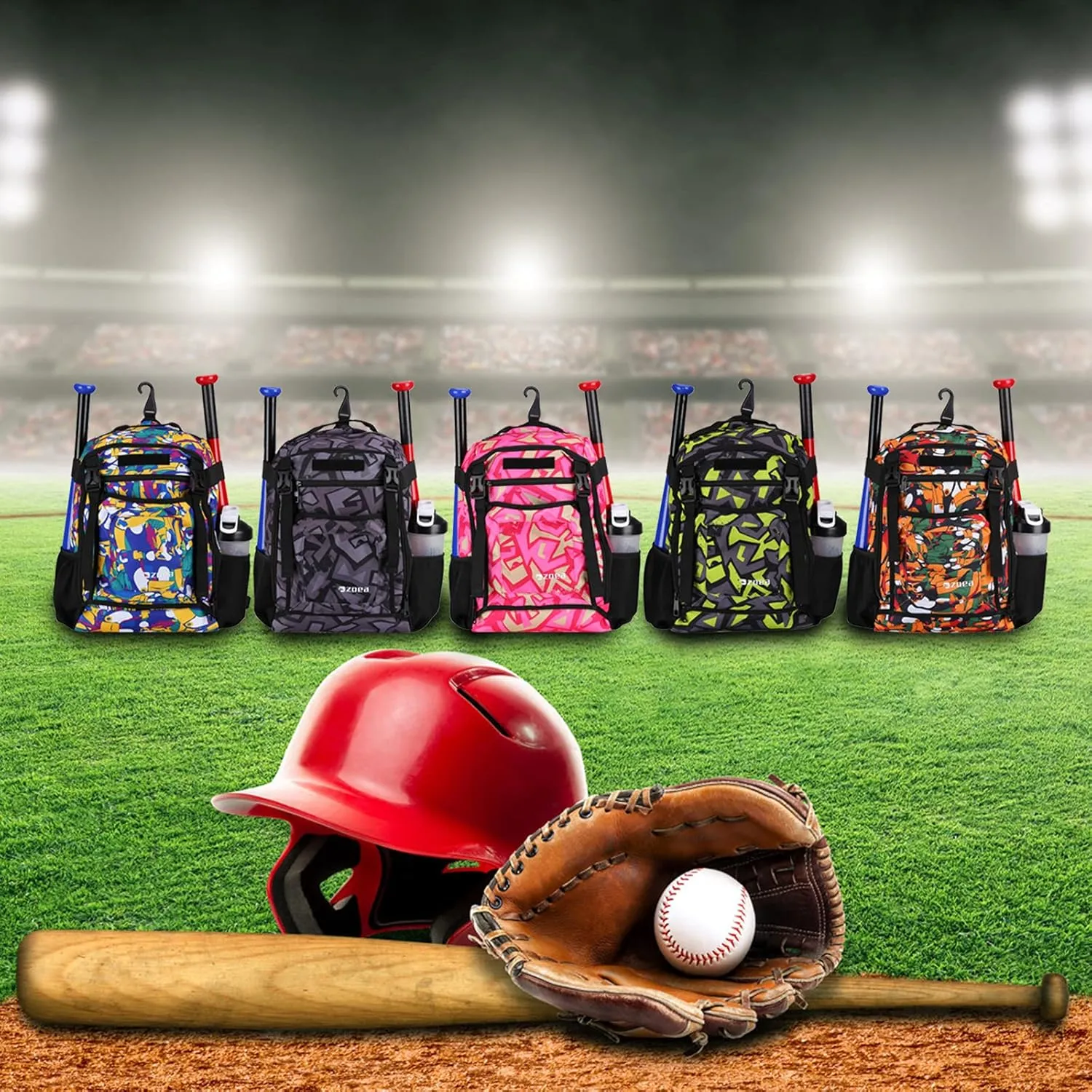 ZOEA Youth Baseball Bat Bag Backpack, T-Ball & Softball Equipment & Gear for Youth, Large Capacity Holds 2 Bats, Helmet, Gloves, Cleats, Helmet Holder and Includes Fence Hook