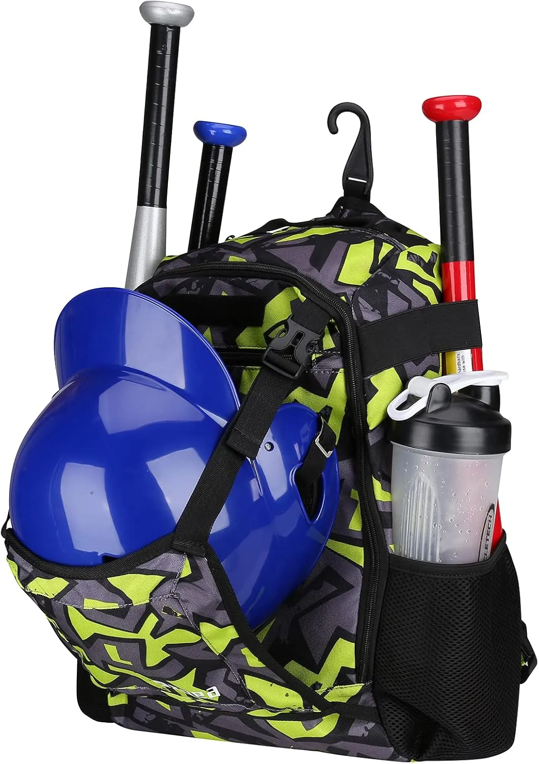 ZOEA Youth Baseball Bat Bag Backpack, T-Ball & Softball Equipment & Gear for Youth, Large Capacity Holds 2 Bats, Helmet, Gloves, Cleats, Helmet Holder and Includes Fence Hook
