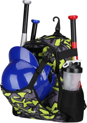 ZOEA Youth Baseball Bat Bag Backpack, T-Ball & Softball Equipment & Gear for Youth, Large Capacity Holds 2 Bats, Helmet, Gloves, Cleats, Helmet Holder and Includes Fence Hook