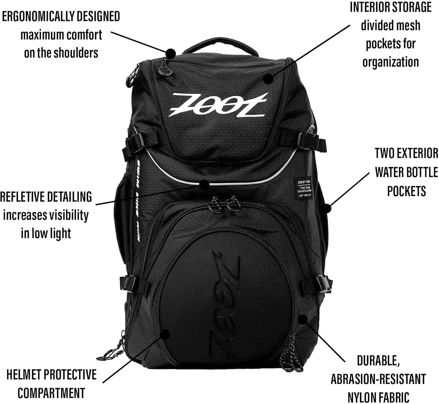 Zoot Ultra Tri Bag, Triathlon Transition Backpack with Wet Storage for Men & Women Athletes, Race Day, Travel & Train, Black