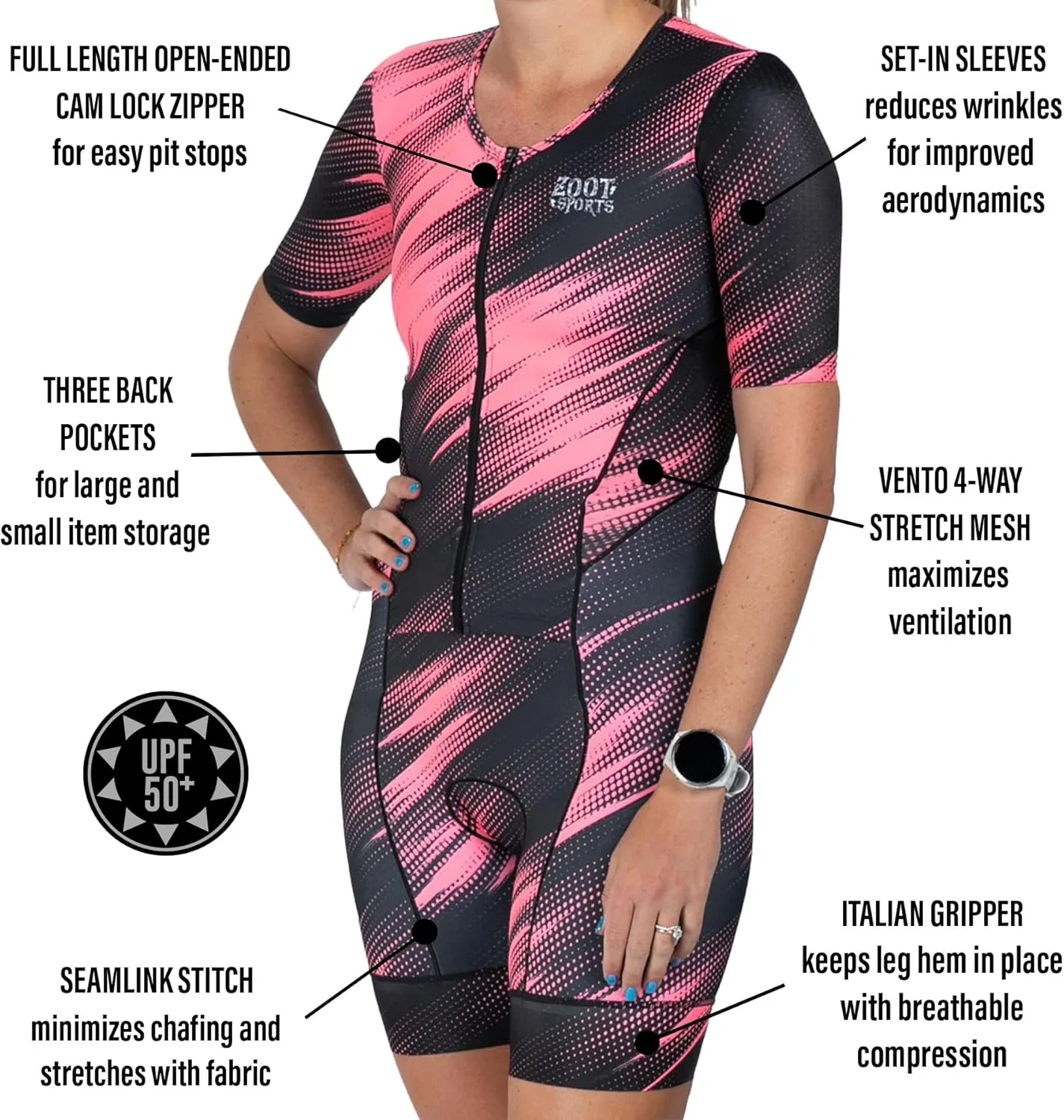 Zoot Women’s LTD Tri Aero Fz Racesuit, Short Sleeve Aerodynamic Cycle Race Swim Bike Run Tri Suit with Pockets UPF 50  Fabric